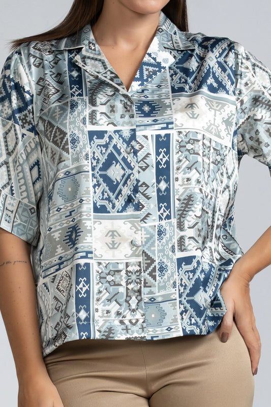 LAPEL COLLAR S/S PRINTED TOP - 1736