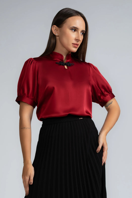 NECK TRIM SATIN BLOUSE - 1716