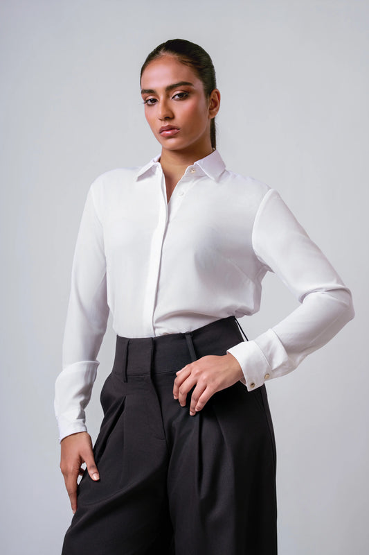 HIDDEN PLACKET COLLARED LONG-SLEEVE TOP - 1702