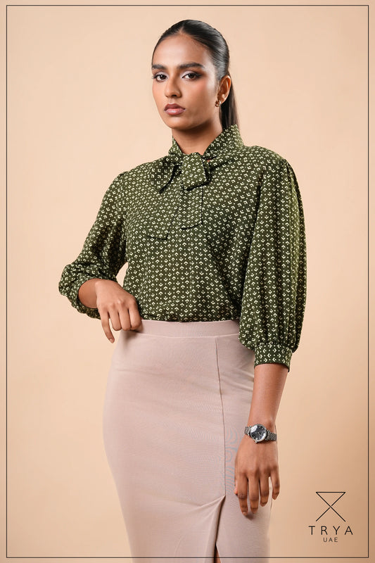 TIE-NECK VOLUME-SLEEVE BLOUSE - 1770
