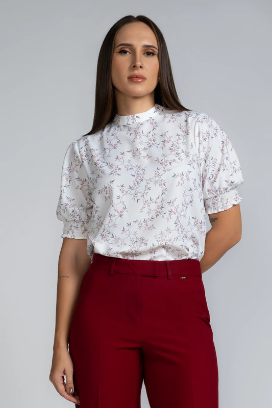 PRINTED MOCK NECK PUFF SLEEVE TOP - 1659
