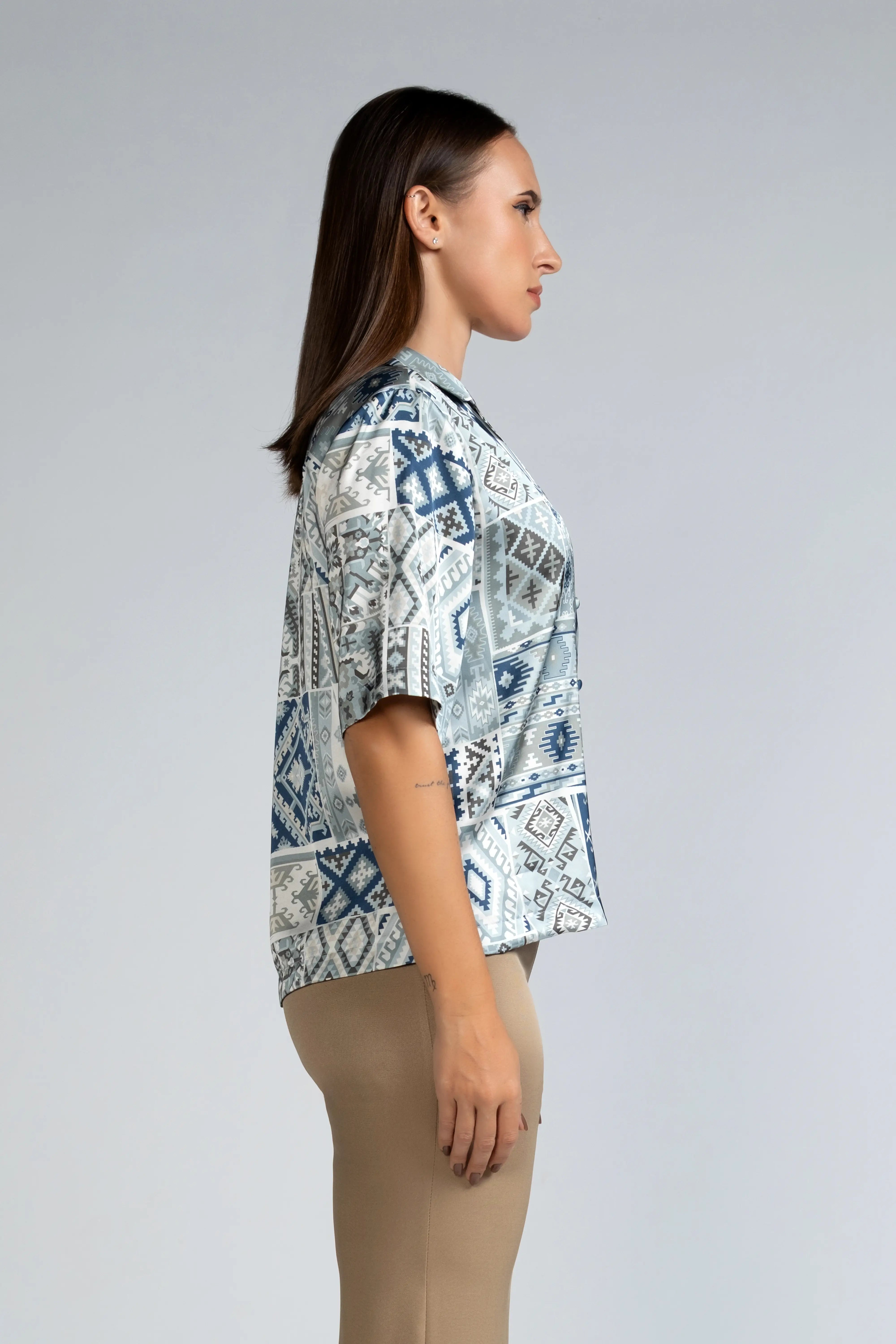 LAPEL COLLAR S/S PRINTED TOP - 1736