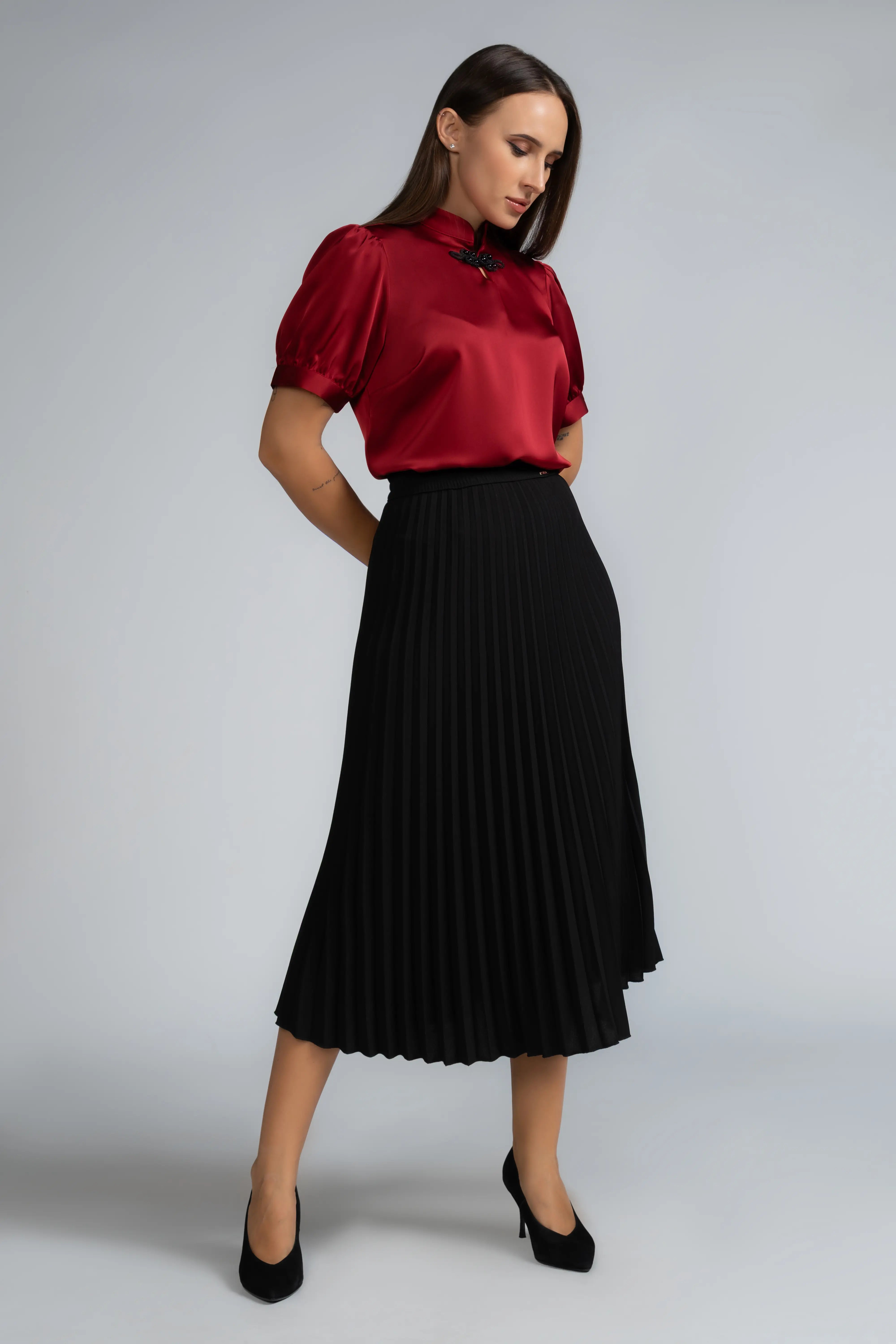 NECK TRIM SATIN BLOUSE - 1716