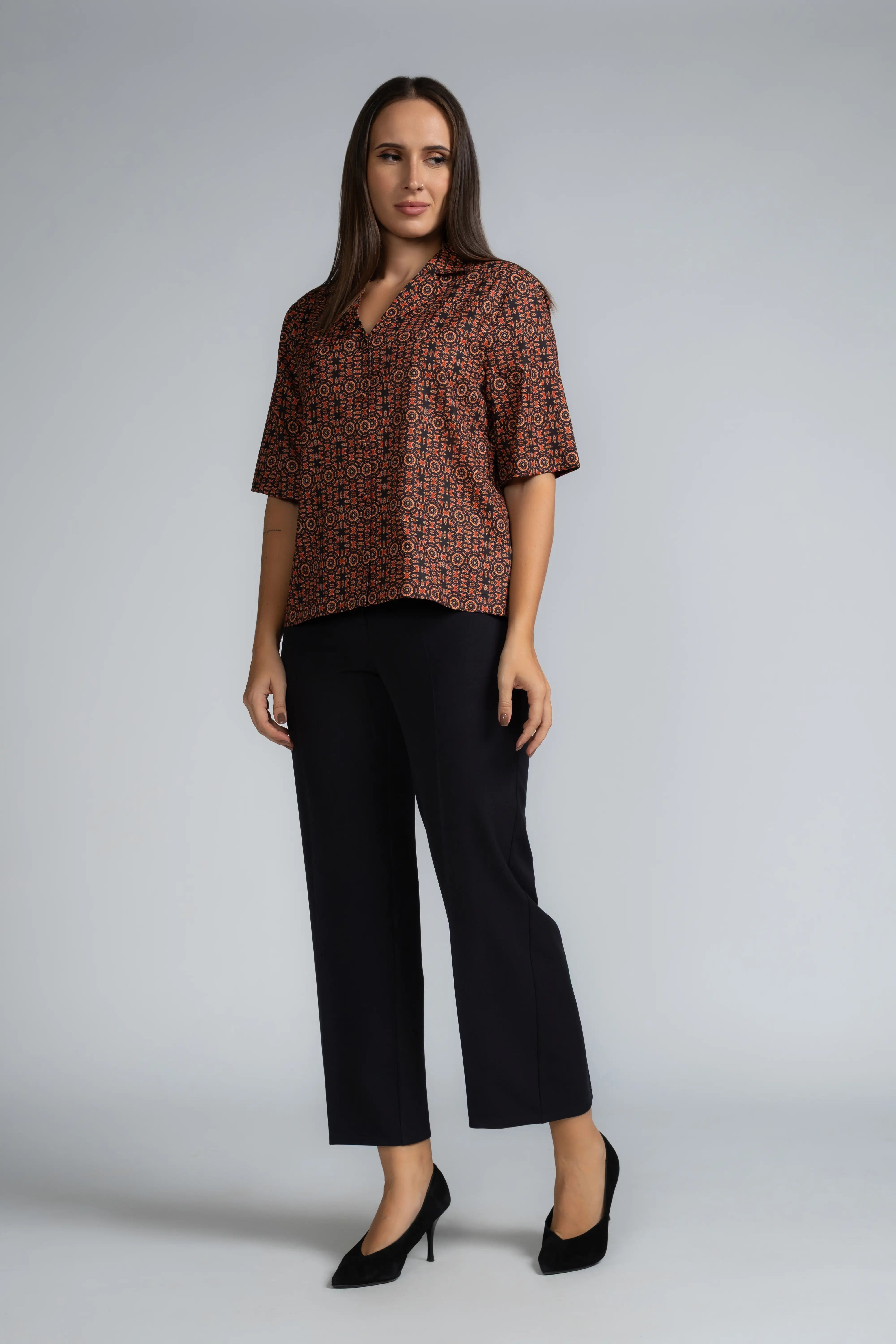 LAPEL COLLAR S/S PRINTED TOP - 1736