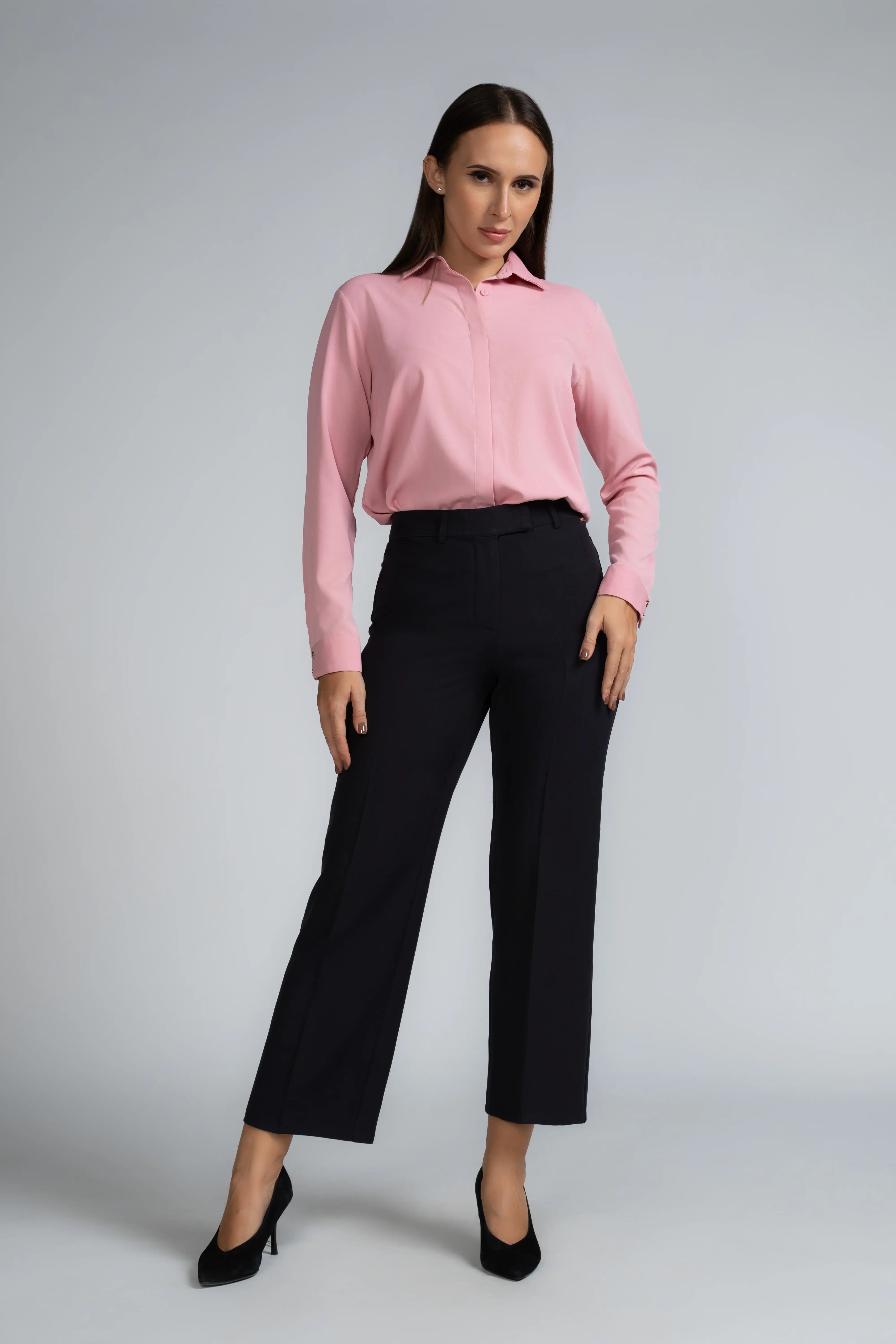 HIDDEN PLACKET COLLARED LONG-SLEEVE TOP - 1702