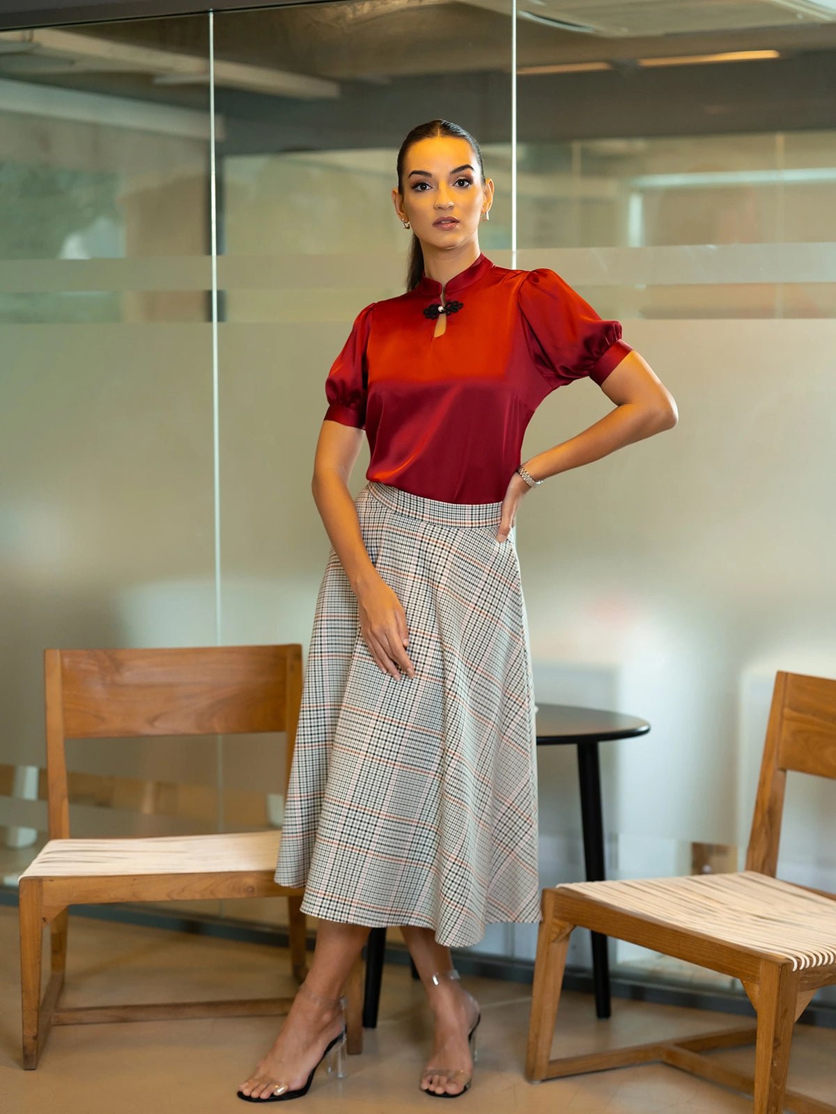 NECK TRIM SATIN BLOUSE - 1648