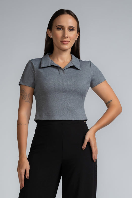 RIBBED COLLARED CROP TOP - 1757