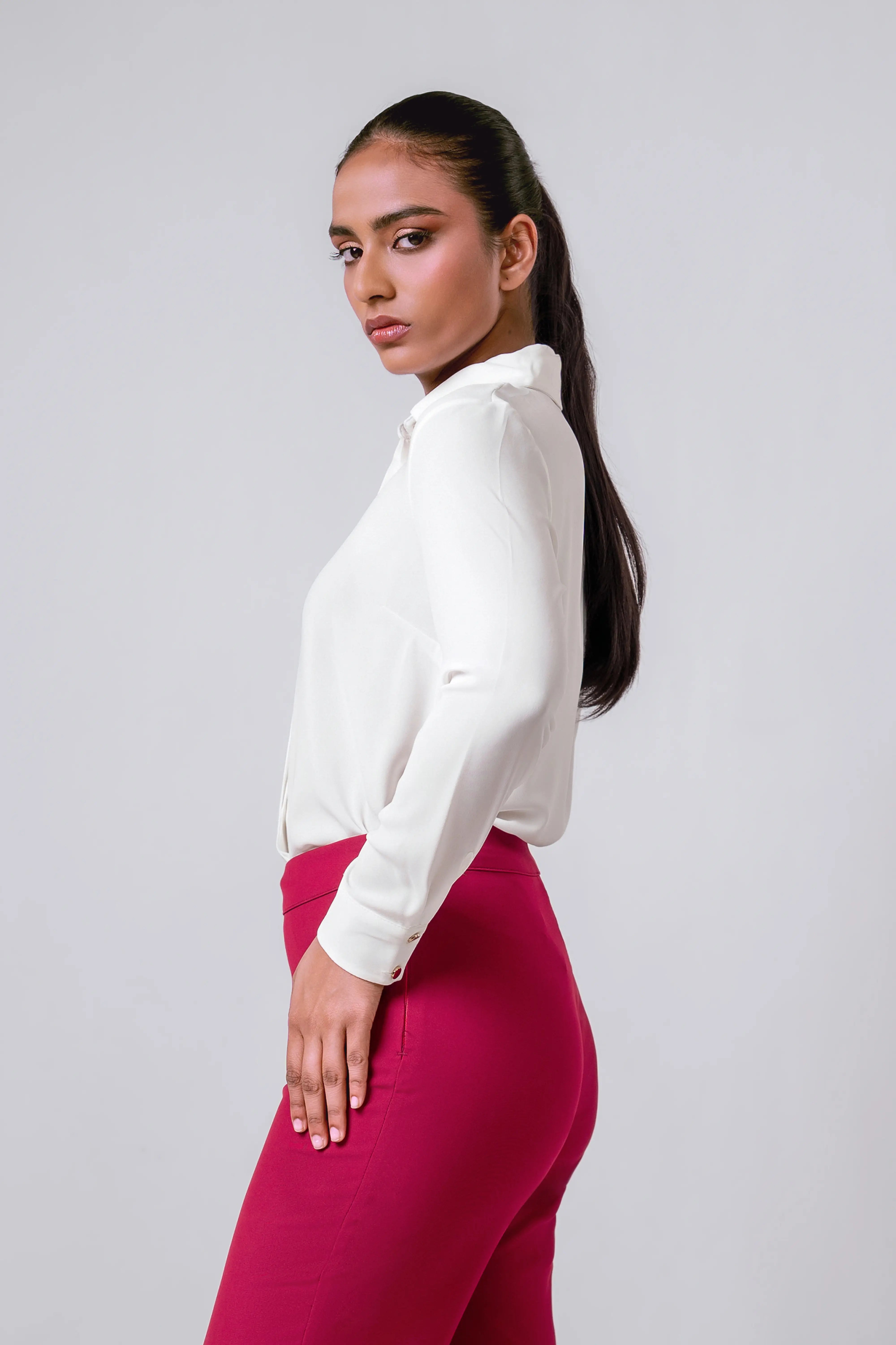 HIDDEN PLACKET COLLARED LONG-SLEEVE TOP - 1702