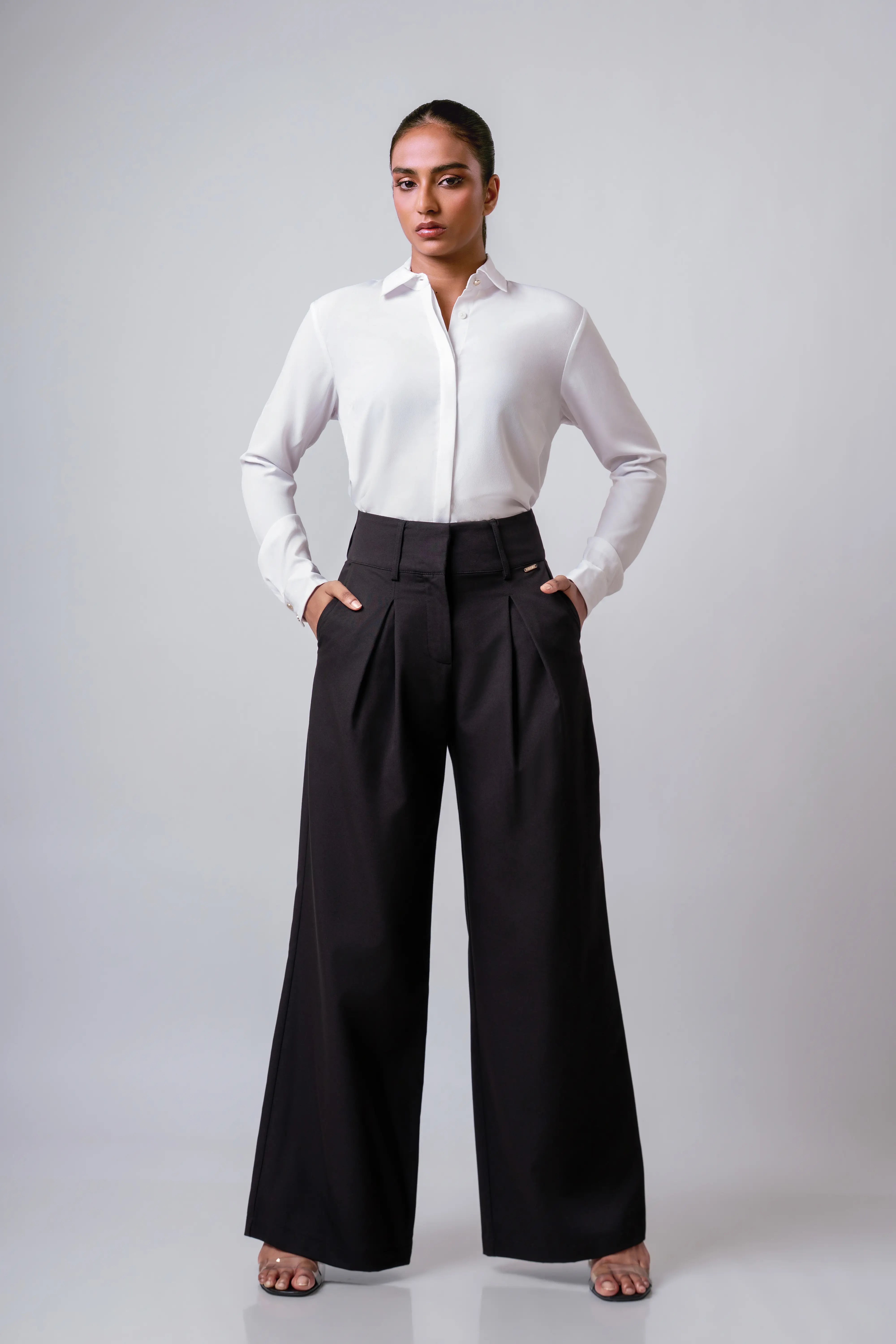 HIDDEN PLACKET COLLARED LONG-SLEEVE TOP - 1702