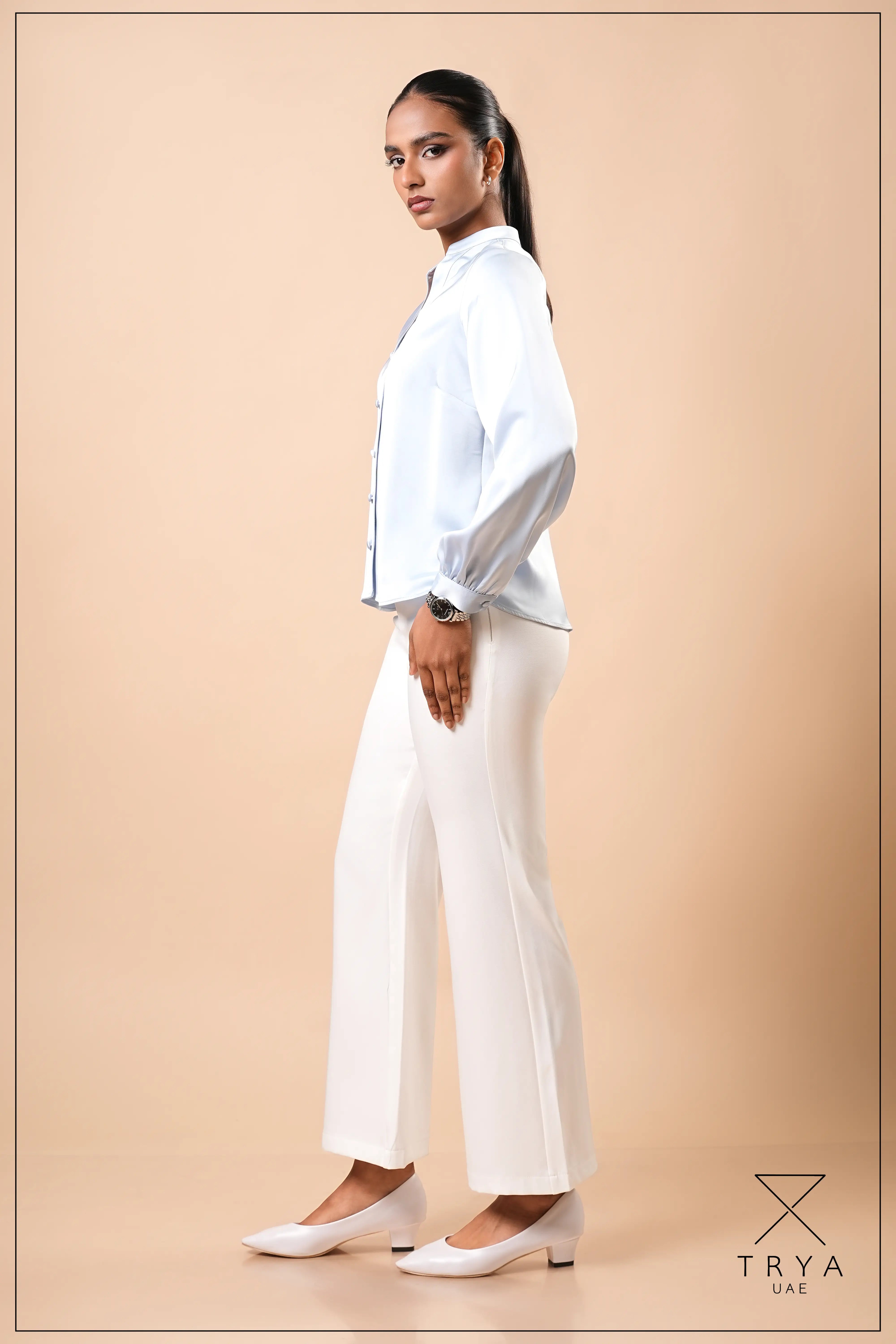 SPLIT V-NECK COLLAR BAND BLOUSE - 1751
