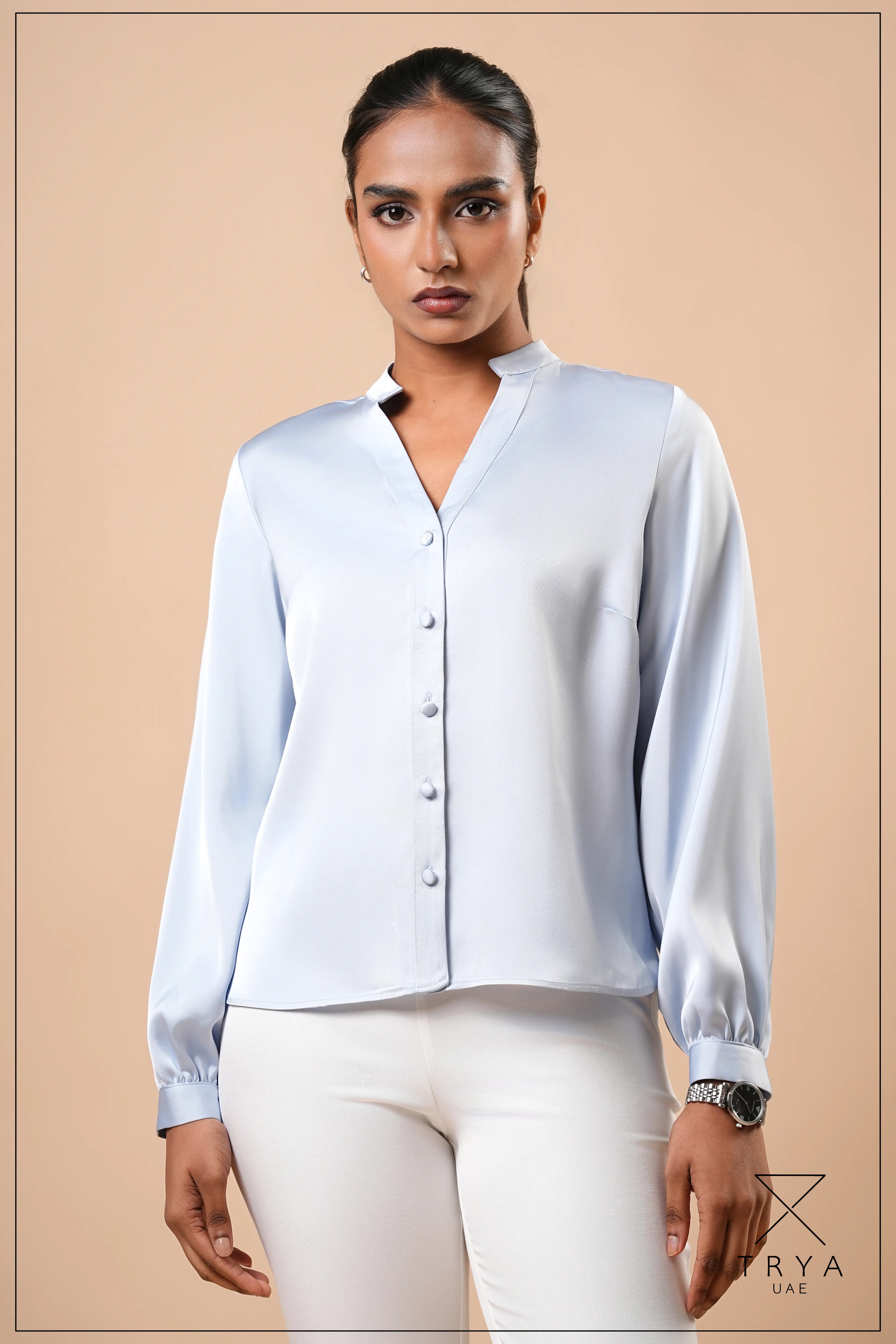 SPLIT V-NECK COLLAR BAND BLOUSE - 1751