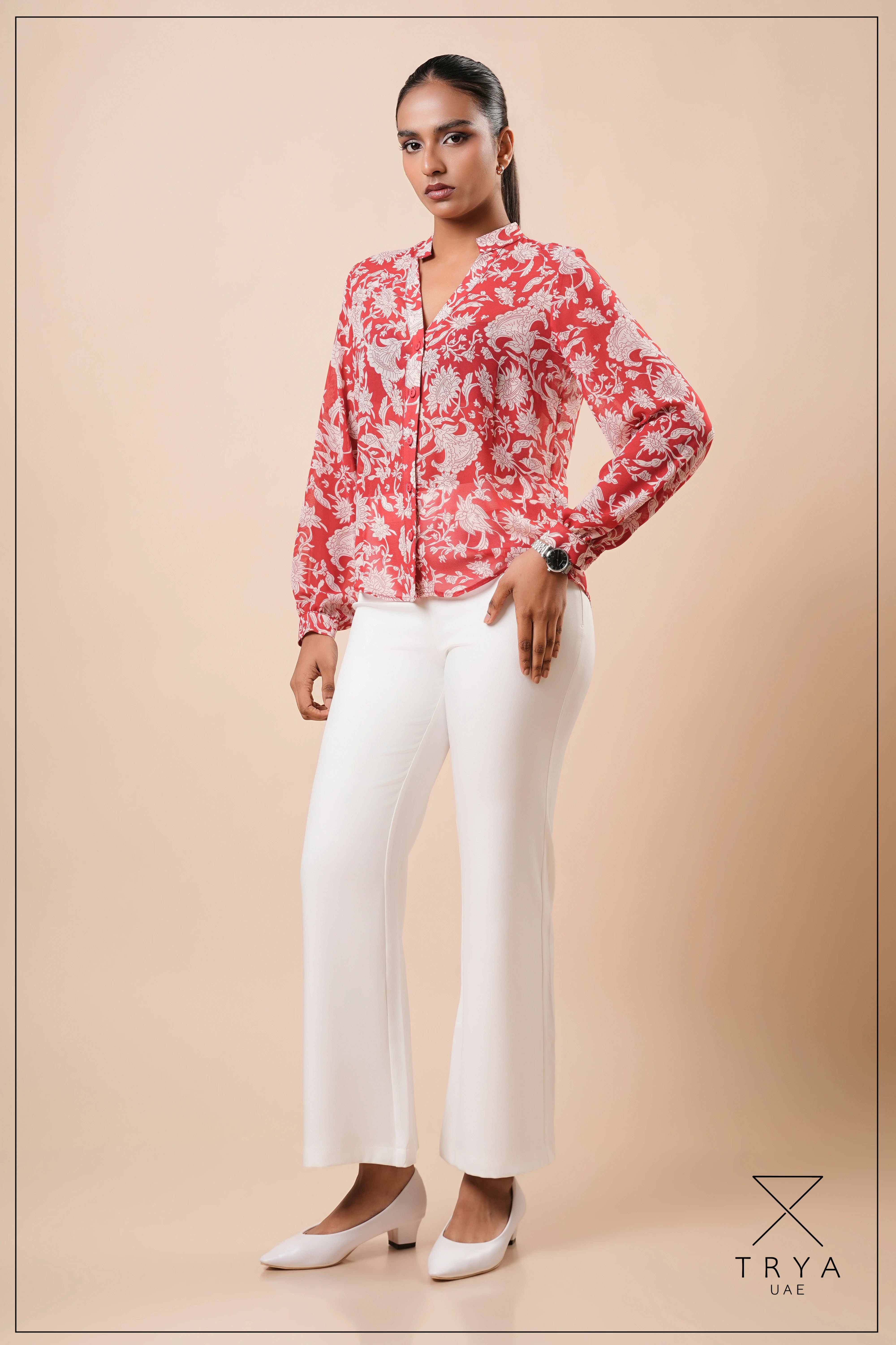 SPLIT V-NECK COLLAR BAND BLOUSE - 1773