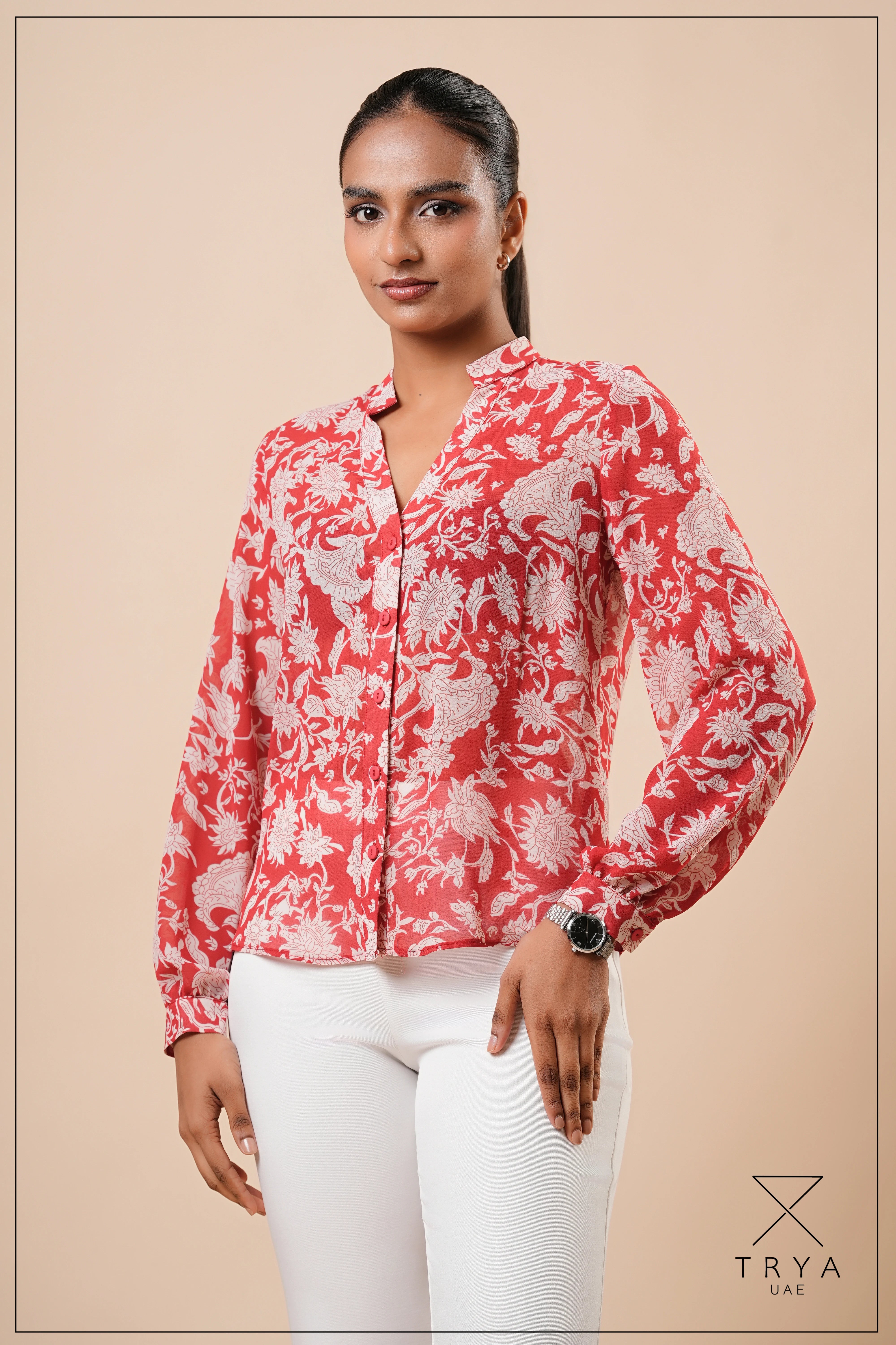 SPLIT V-NECK COLLAR BAND BLOUSE - 1773