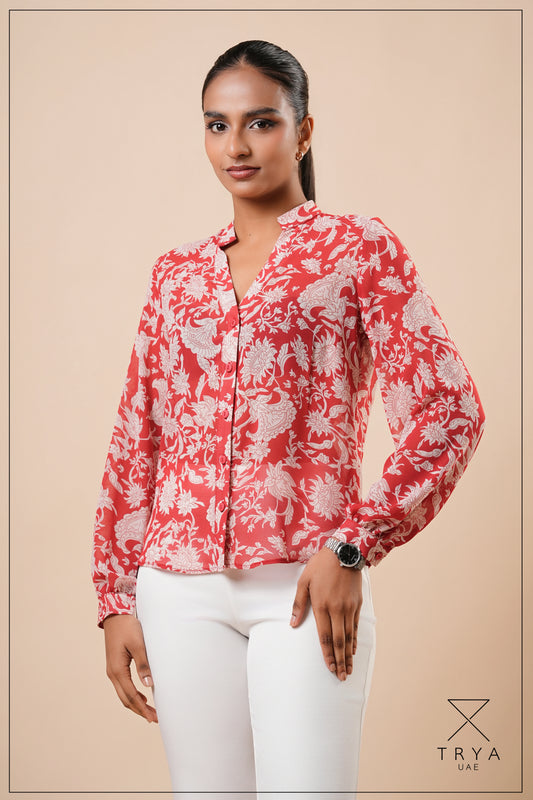 SPLIT V-NECK COLLAR BAND BLOUSE - 1773